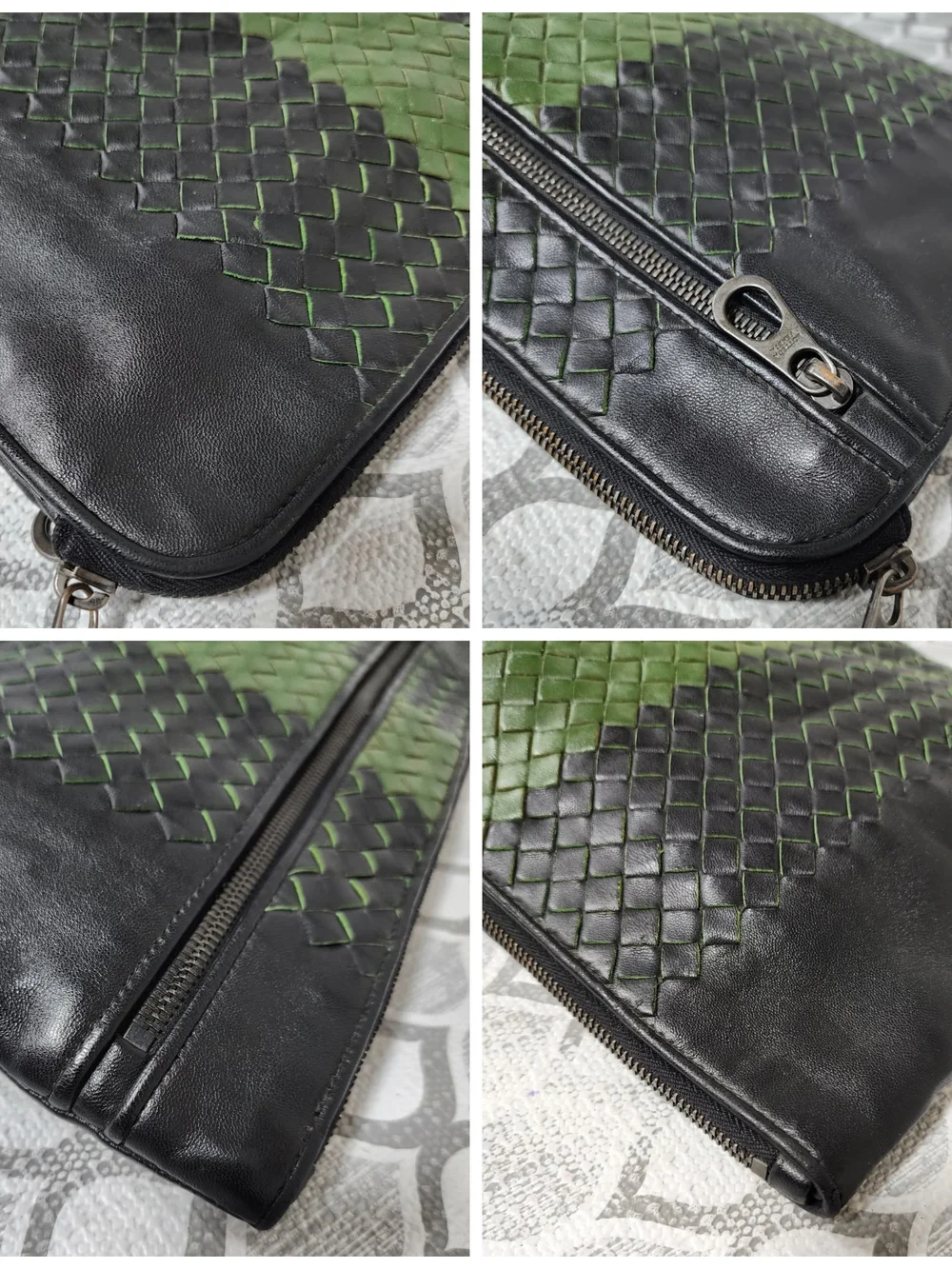Bottega Veneta Black Leather Pouch with Green Center Stripe